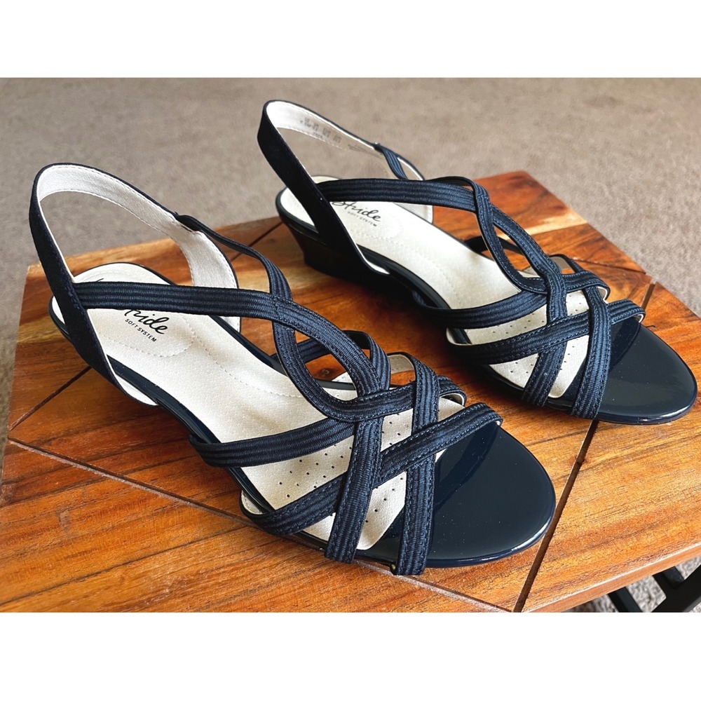 LifeStride Yaya Black/Navy Strappy Low Wedge Sandals Womens 6.5 M Soft System
